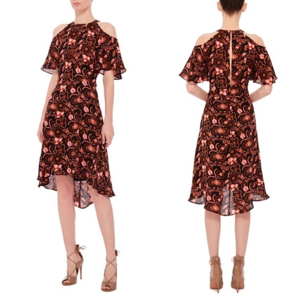 A.L.C. Emile Cold Shoulder Floral Print Silk Dress Hi Low Cold Shoulder